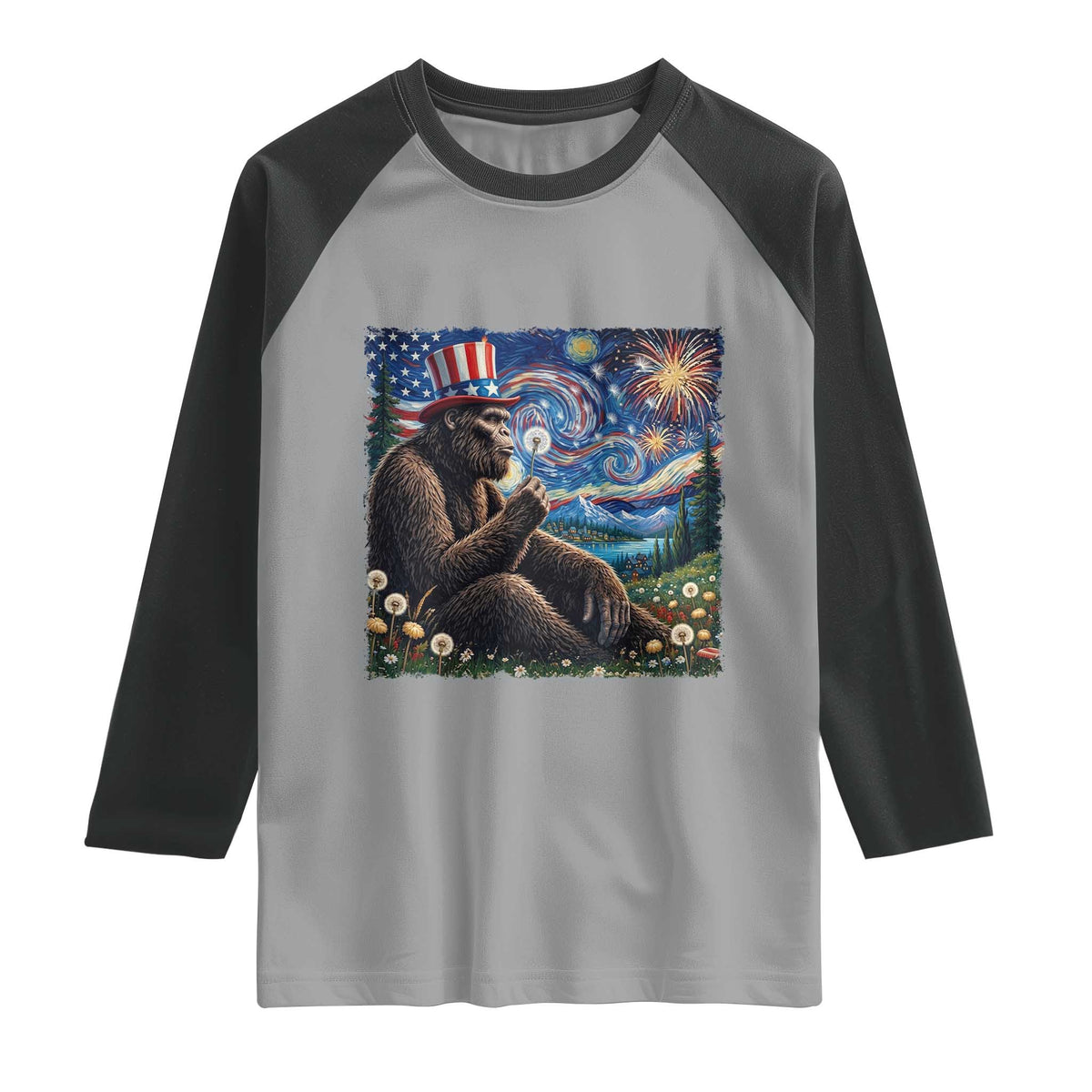Bigfoot Blowing Dandelion Raglan Shirt Sasquatch Van Gogh Starry Night 4th of July TS14 Sport Gray Black Print Your Wear