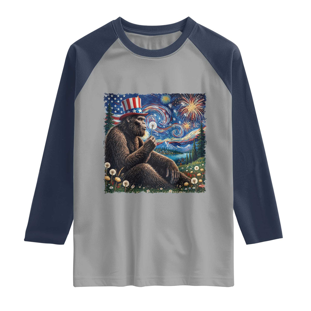 Bigfoot Blowing Dandelion Raglan Shirt Sasquatch Van Gogh Starry Night 4th of July TS14 Sport Gray Navy Print Your Wear