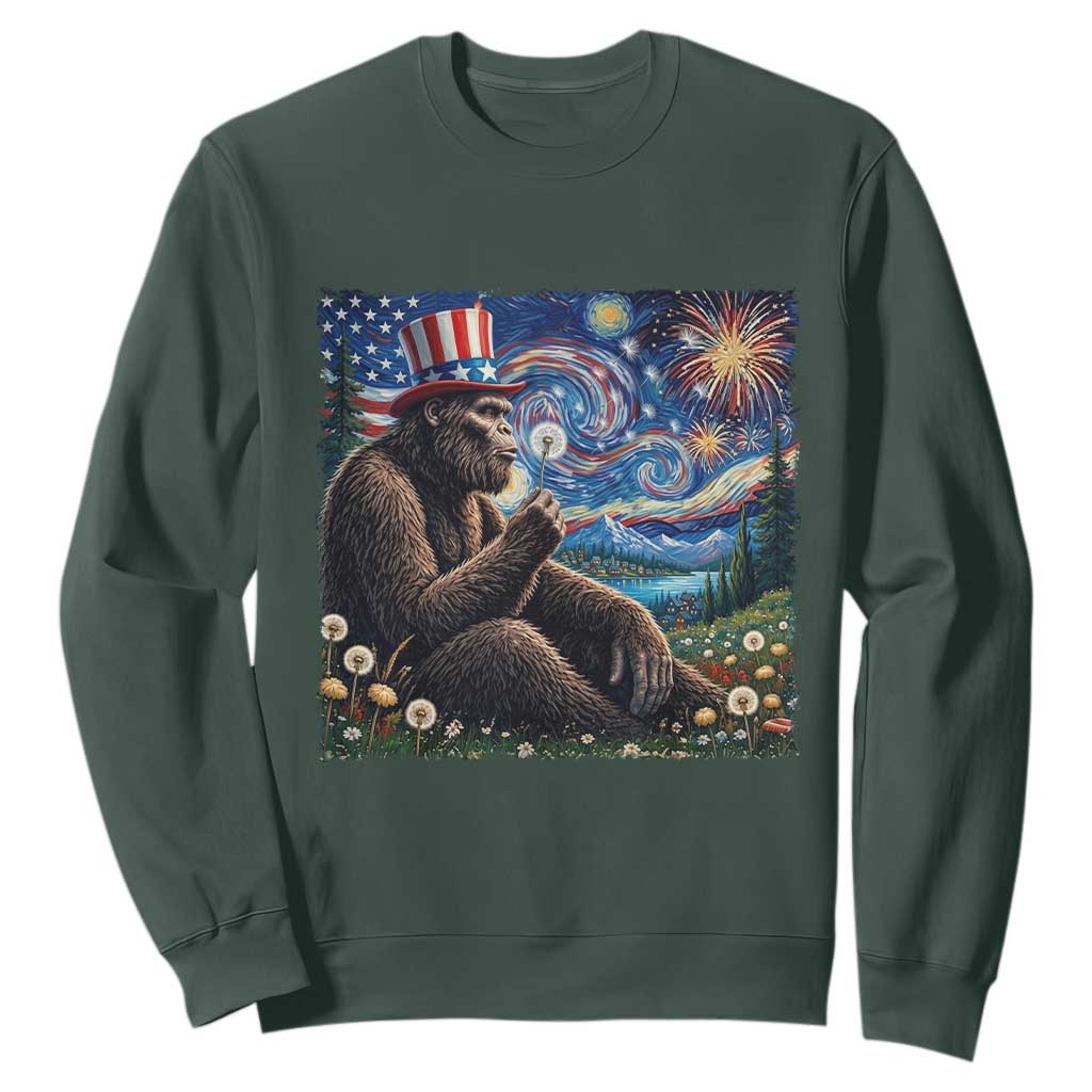 Bigfoot Blowing Dandelion Sweatshirt Sasquatch Van Gogh Starry Night 4th of July TS14 Dark Forest Green Print Your Wear