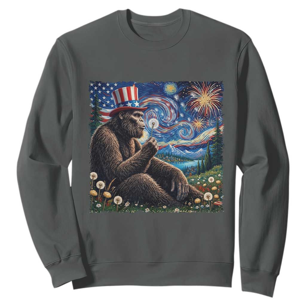 Bigfoot Blowing Dandelion Sweatshirt Sasquatch Van Gogh Starry Night 4th of July TS14 Dark Heather Print Your Wear