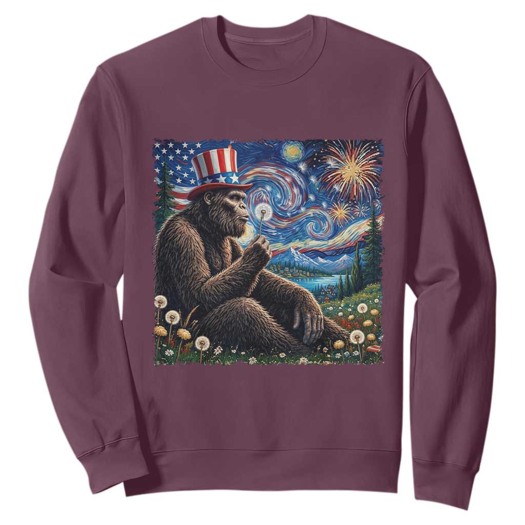 Bigfoot Blowing Dandelion Sweatshirt Sasquatch Van Gogh Starry Night 4th of July TS14 Maroon Print Your Wear