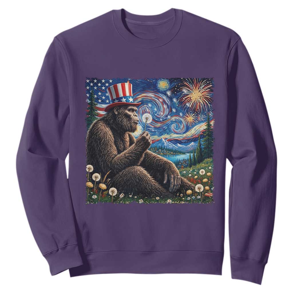 Bigfoot Blowing Dandelion Sweatshirt Sasquatch Van Gogh Starry Night 4th of July TS14 Purple Print Your Wear