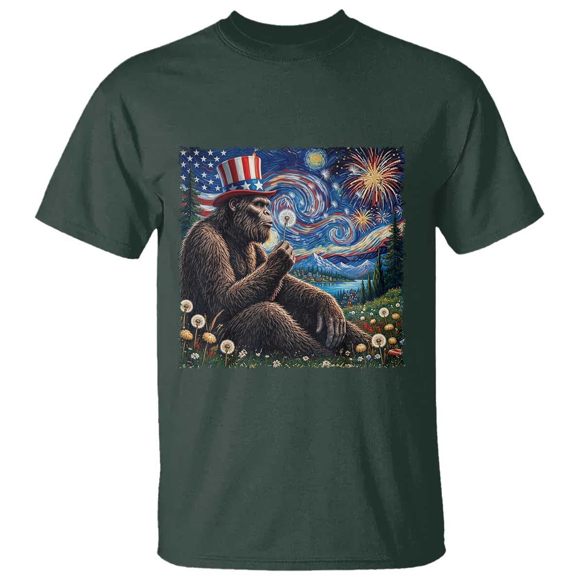 Bigfoot Blowing Dandelion T Shirt Sasquatch Van Gogh Starry Night 4th of July TS14 Dark Forest Green Print Your Wear