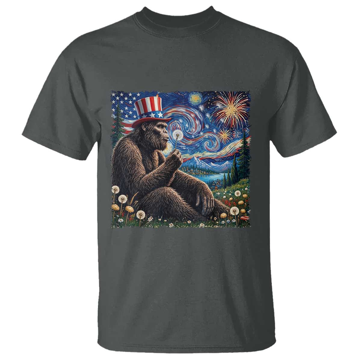 Bigfoot Blowing Dandelion T Shirt Sasquatch Van Gogh Starry Night 4th of July TS14 Dark Heather Print Your Wear