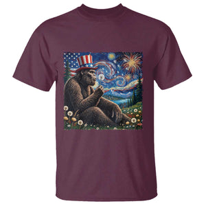 Bigfoot Blowing Dandelion T Shirt Sasquatch Van Gogh Starry Night 4th of July TS14 Maroon Print Your Wear