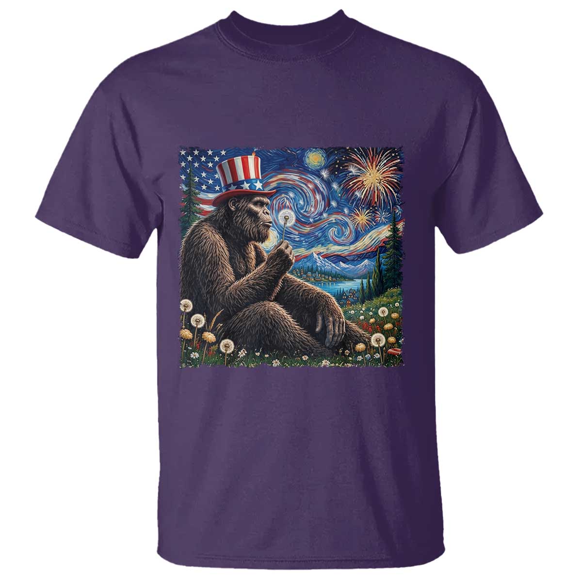 Bigfoot Blowing Dandelion T Shirt Sasquatch Van Gogh Starry Night 4th of July TS14 Purple Print Your Wear