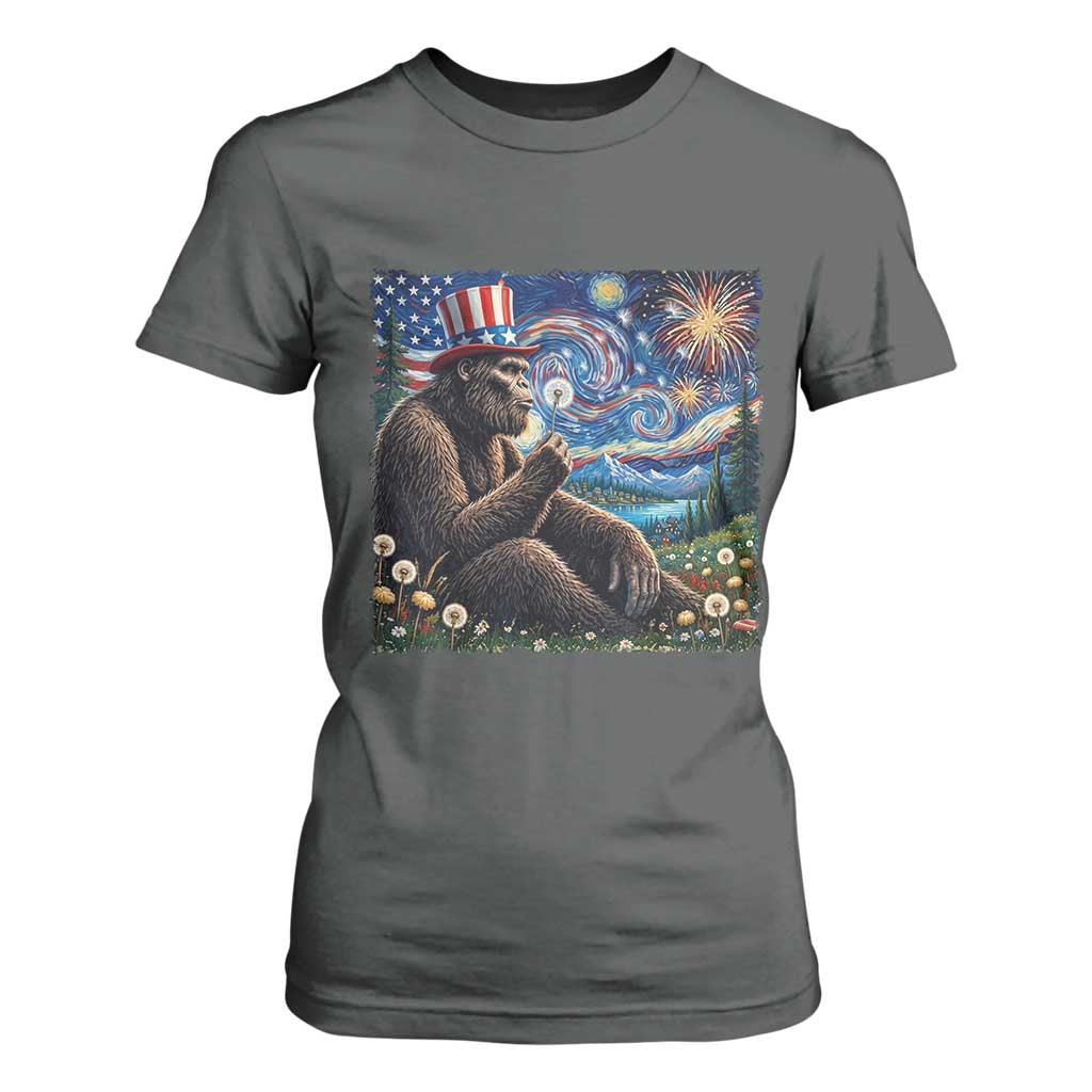 Bigfoot Blowing Dandelion T Shirt For Women Sasquatch Van Gogh Starry Night 4th of July TS14 Dark Heather Print Your Wear