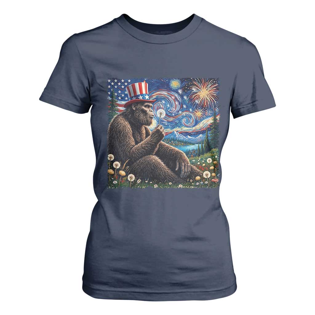 Bigfoot Blowing Dandelion T Shirt For Women Sasquatch Van Gogh Starry Night 4th of July TS14 Navy Print Your Wear