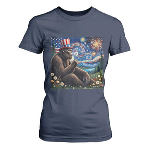 Bigfoot Blowing Dandelion T Shirt For Women Sasquatch Van Gogh Starry Night 4th of July TS14 Navy Print Your Wear