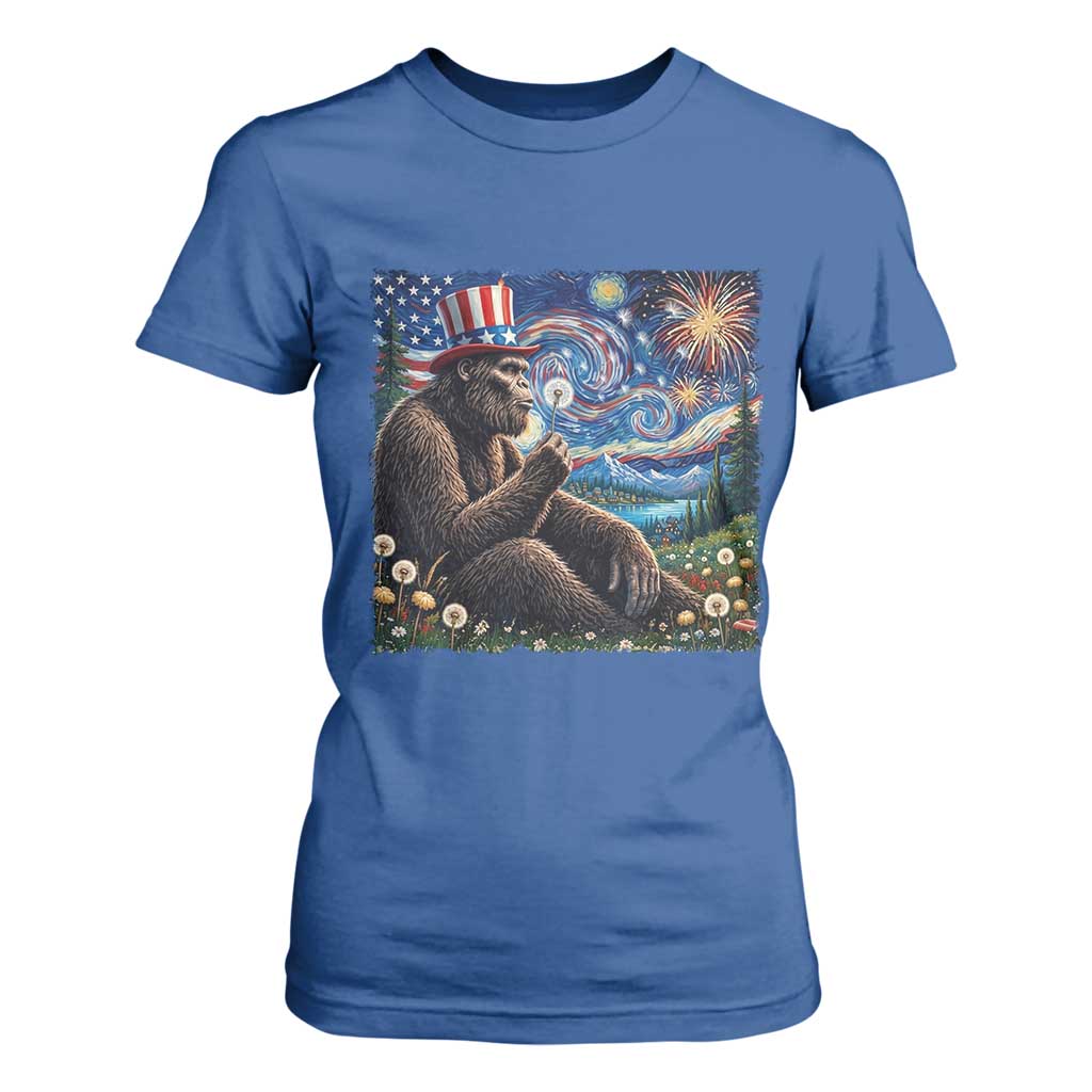 Bigfoot Blowing Dandelion T Shirt For Women Sasquatch Van Gogh Starry Night 4th of July TS14 Royal Blue Print Your Wear