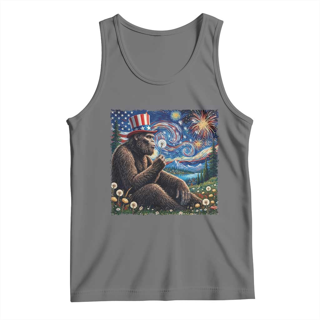 Bigfoot Blowing Dandelion Tank Top Sasquatch Van Gogh Starry Night 4th of July TS14 Black Heather Print Your Wear