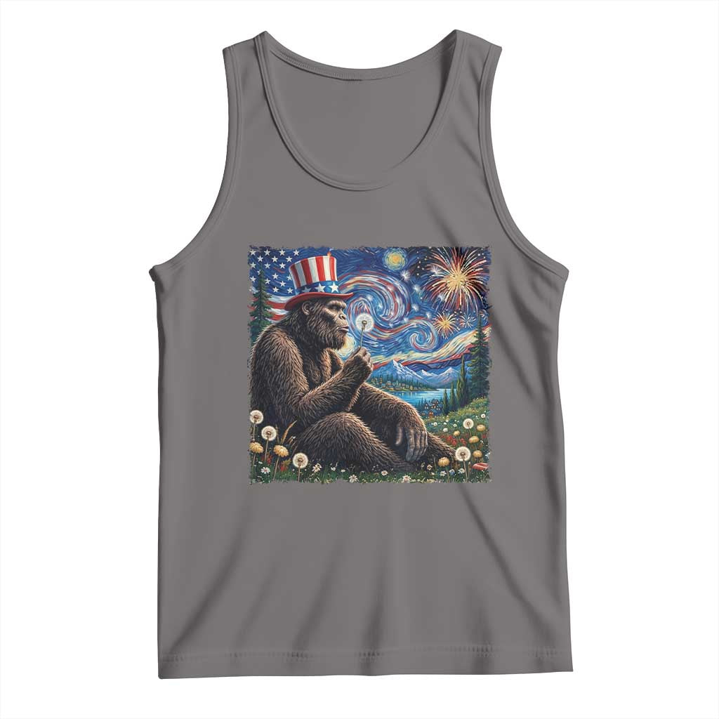 Bigfoot Blowing Dandelion Tank Top Sasquatch Van Gogh Starry Night 4th of July TS14 Deep Heather Print Your Wear