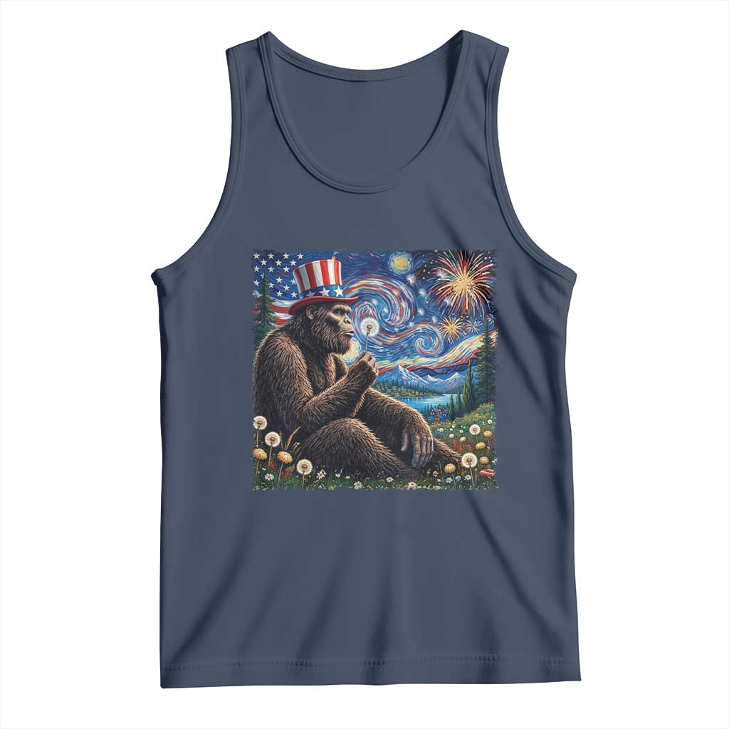 Bigfoot Blowing Dandelion Tank Top Sasquatch Van Gogh Starry Night 4th of July TS14 Navy Print Your Wear