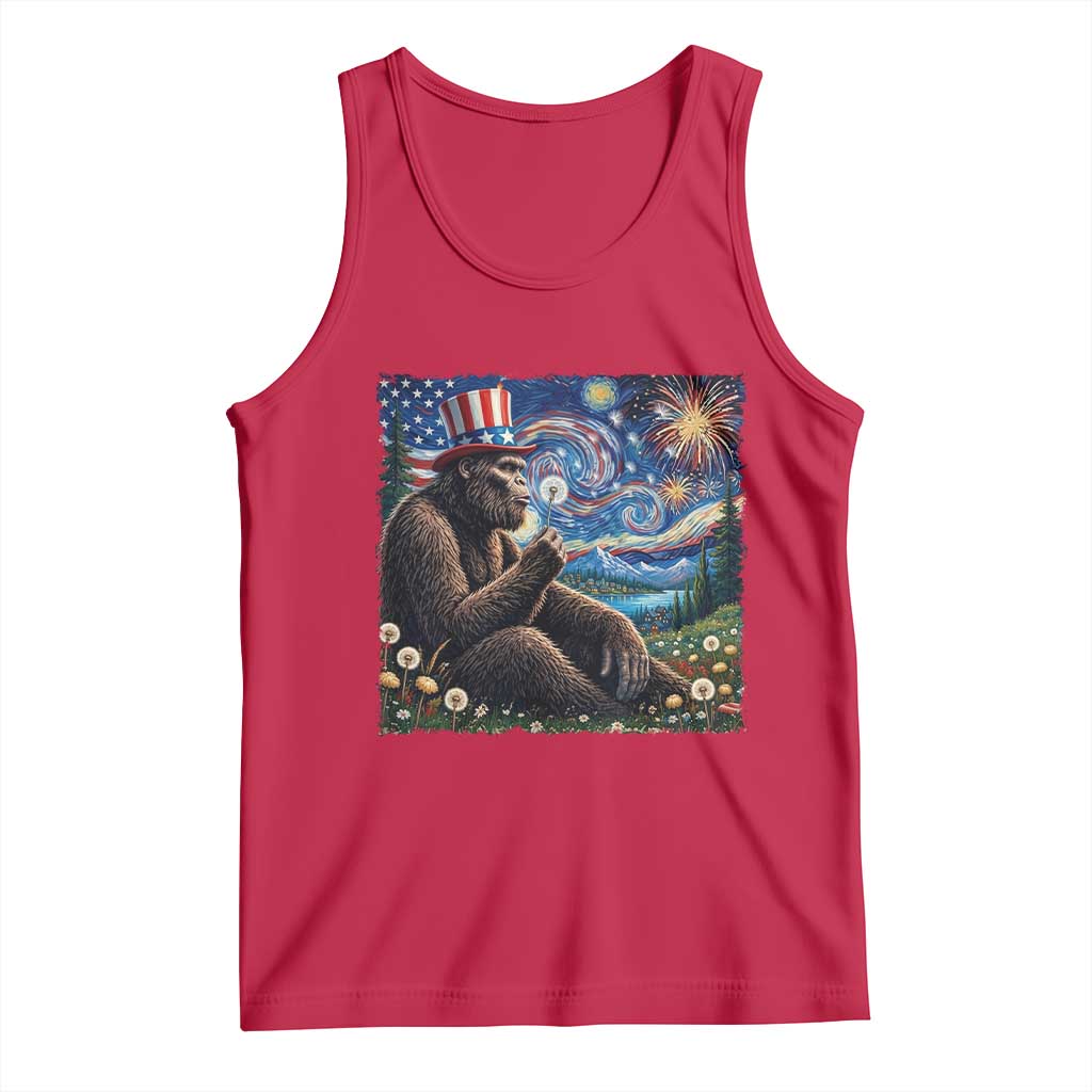 Bigfoot Blowing Dandelion Tank Top Sasquatch Van Gogh Starry Night 4th of July TS14 Red Print Your Wear