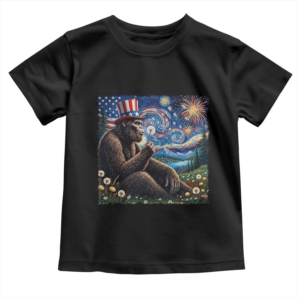 Bigfoot Blowing Dandelion Toddler T Shirt Sasquatch Van Gogh Starry Night 4th of July TS14 Black Print Your Wear