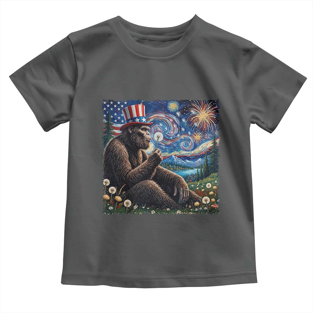 Bigfoot Blowing Dandelion Toddler T Shirt Sasquatch Van Gogh Starry Night 4th of July TS14 Dark Heather Print Your Wear