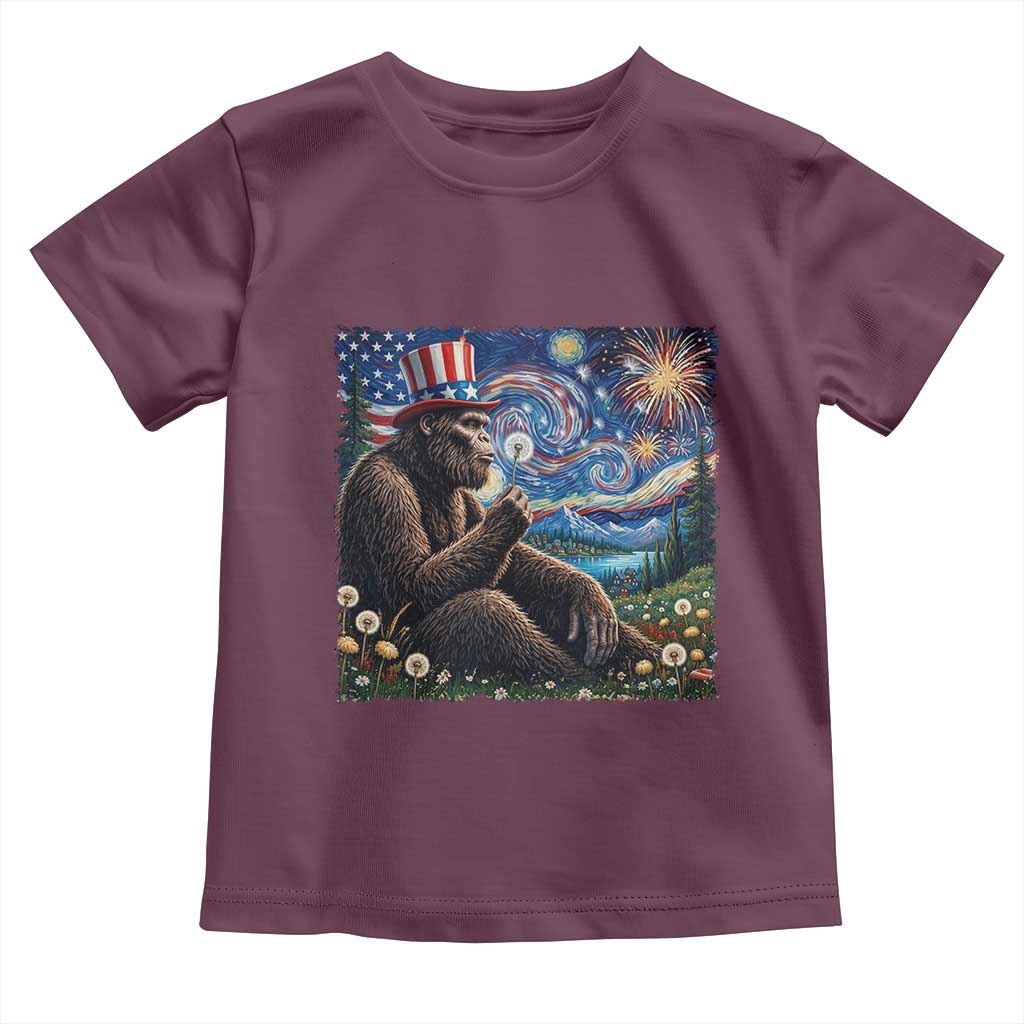 Bigfoot Blowing Dandelion Toddler T Shirt Sasquatch Van Gogh Starry Night 4th of July TS14 Maroon Print Your Wear