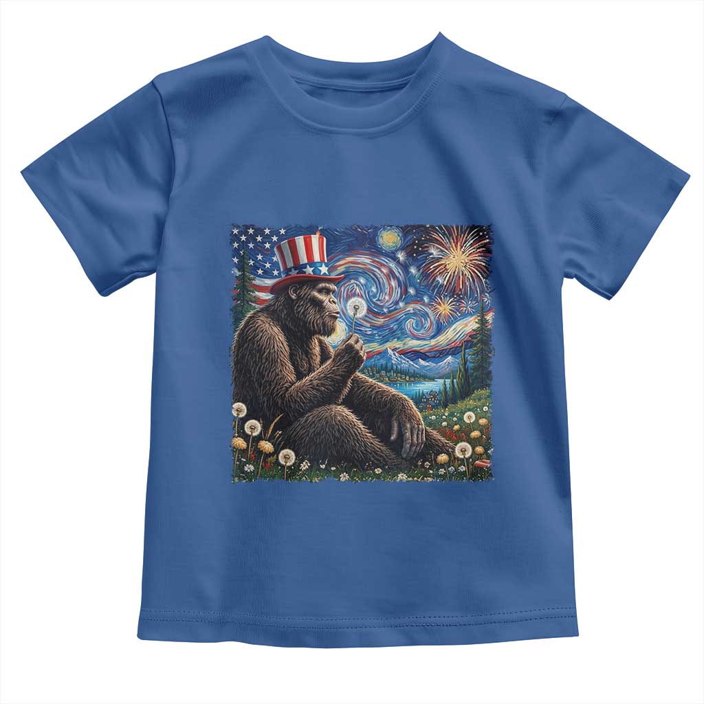 Bigfoot Blowing Dandelion Toddler T Shirt Sasquatch Van Gogh Starry Night 4th of July TS14 Royal Blue Print Your Wear