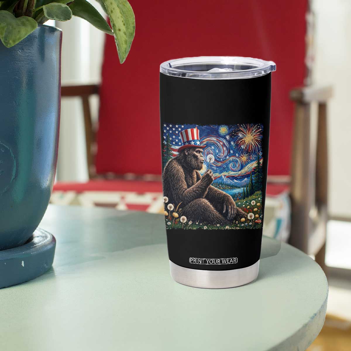 Bigfoot Blowing Dandelion Tumbler Cup Sasquatch Van Gogh Starry Night 4th of July TS14 Print Your Wear