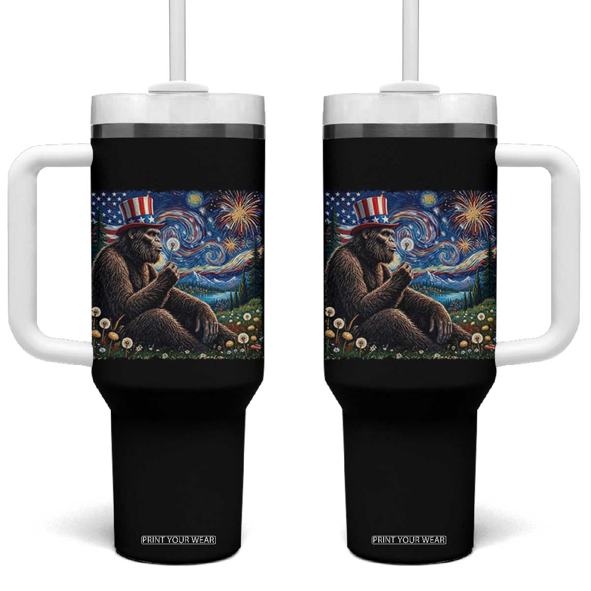 Bigfoot Blowing Dandelion Tumbler With Handle Sasquatch Van Gogh Starry Night 4th of July TS14 One Size: 40 oz Black Print Your Wear