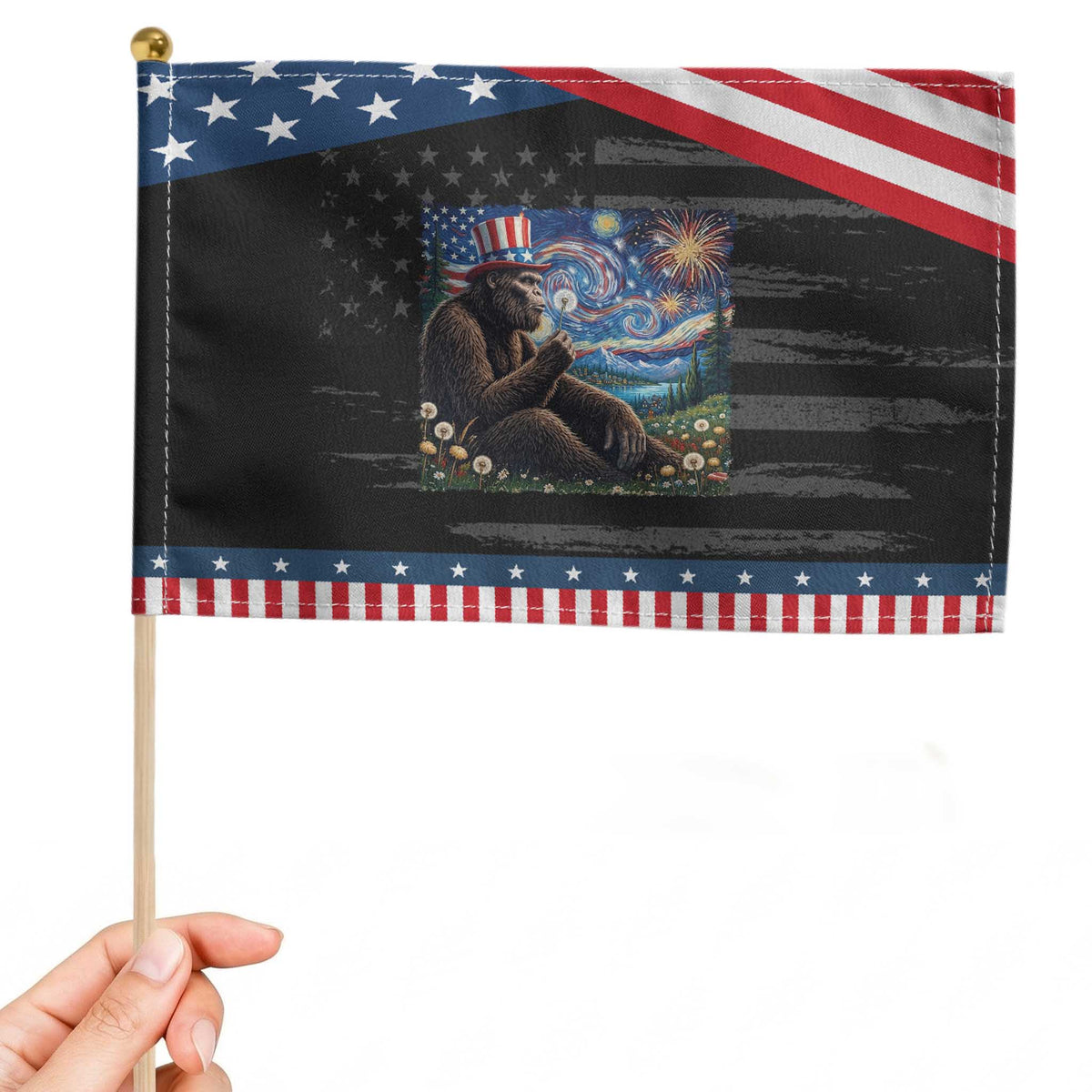 Bigfoot Blowing Dandelion Patriotic Handheld Flag Sasquatch Van Gogh Starry Night 4th of July TS14 Distressed 8.2