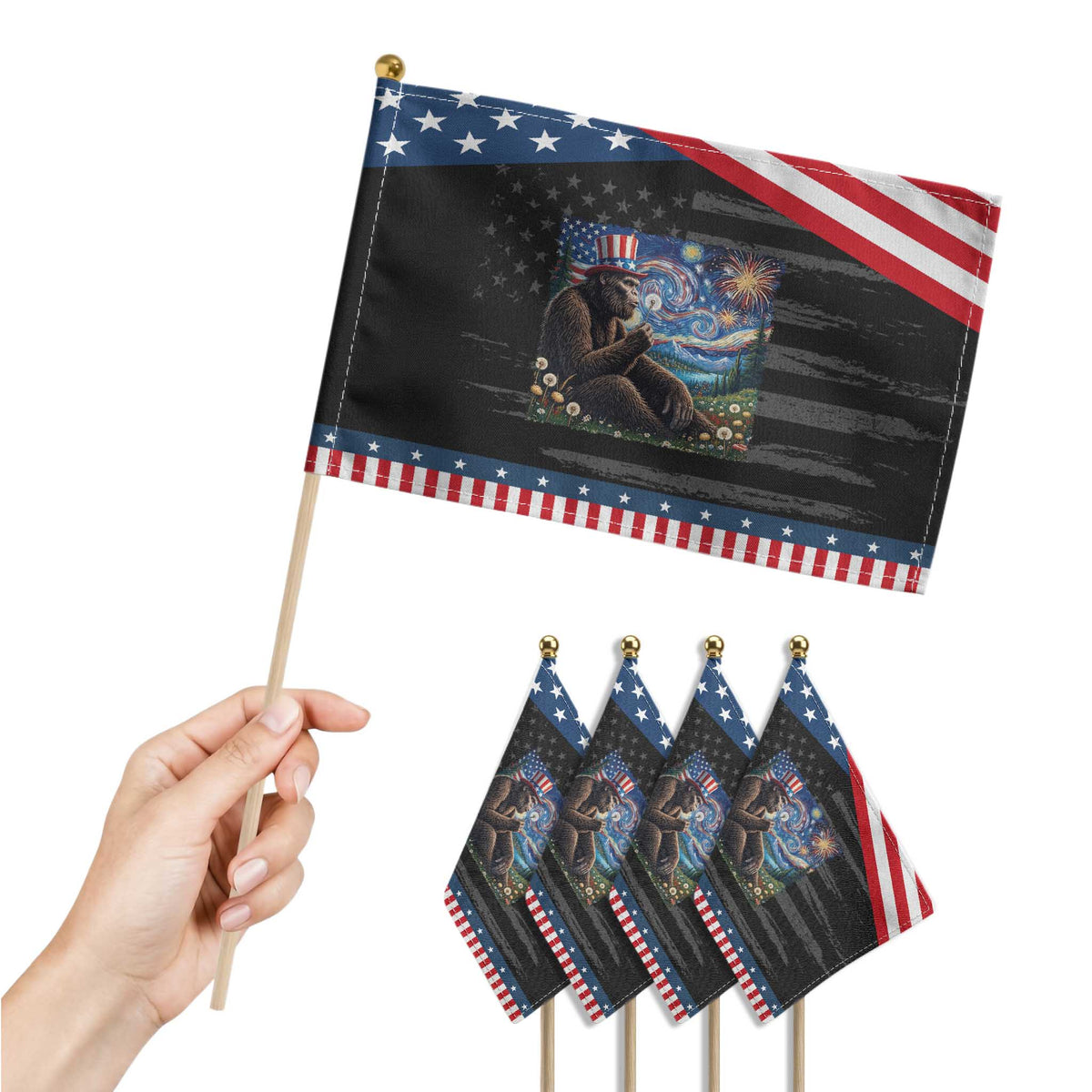 Bigfoot Blowing Dandelion Patriotic Handheld Flag Sasquatch Van Gogh Starry Night 4th of July TS14 Print Your Wear