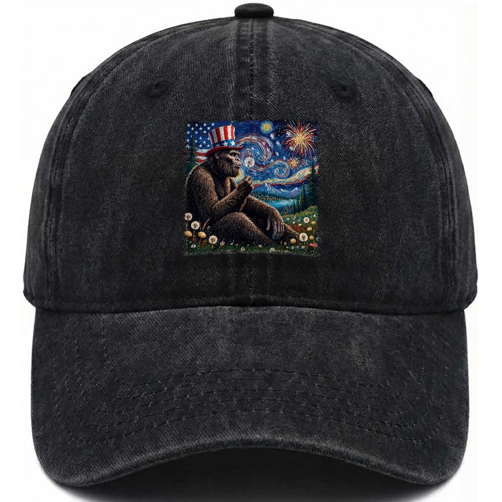 Bigfoot Blowing Dandelion Washed Cotton Baseball Cap Sasquatch Van Gogh Starry Night 4th of July