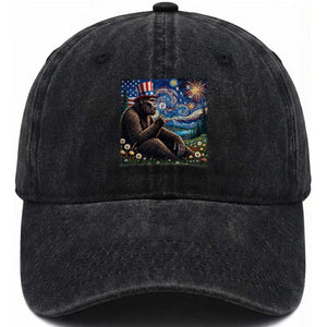 Bigfoot Blowing Dandelion Washed Cotton Baseball Cap Sasquatch Van Gogh Starry Night 4th of July