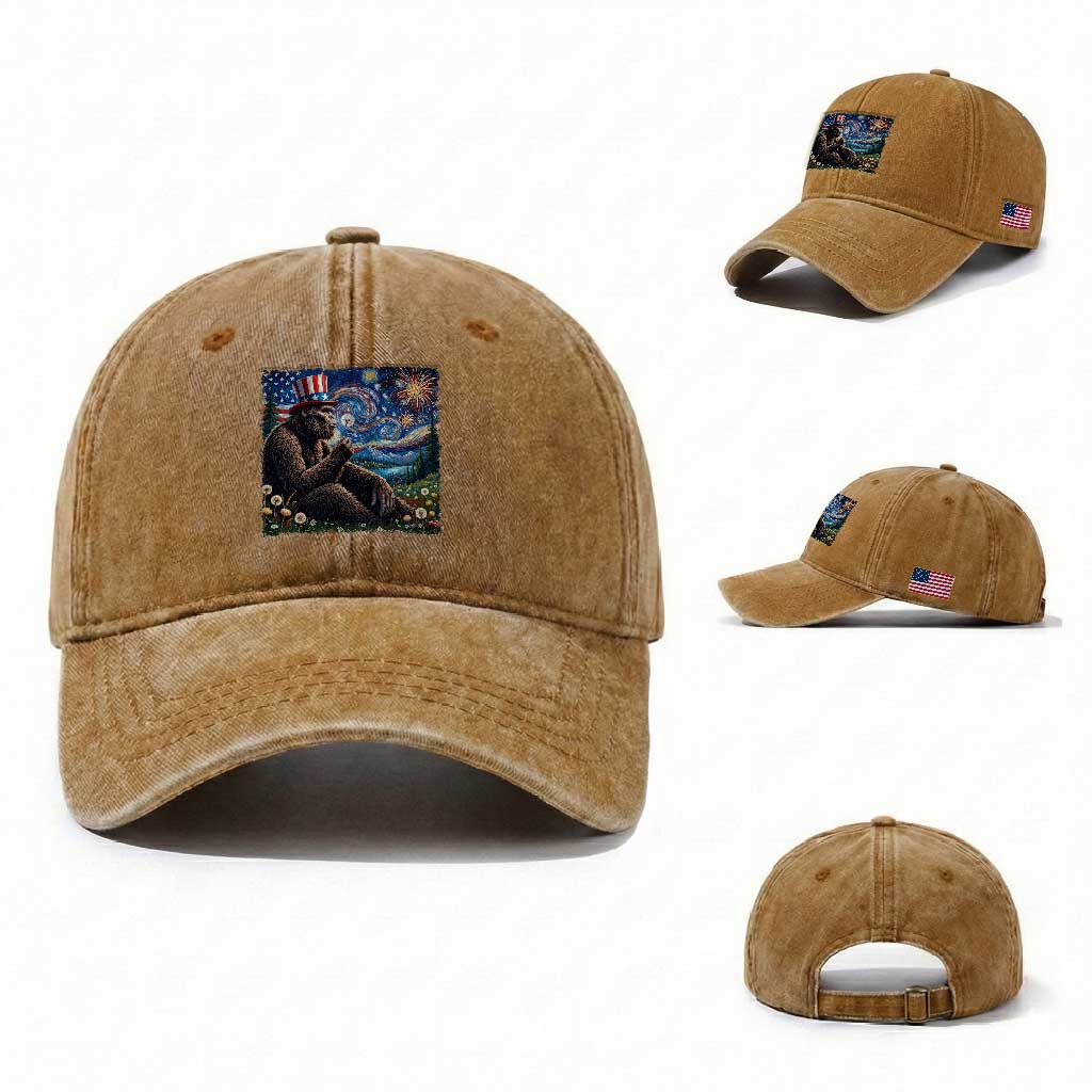 Bigfoot Blowing Dandelion Washed Cotton Baseball Cap Sasquatch Van Gogh Starry Night 4th of July