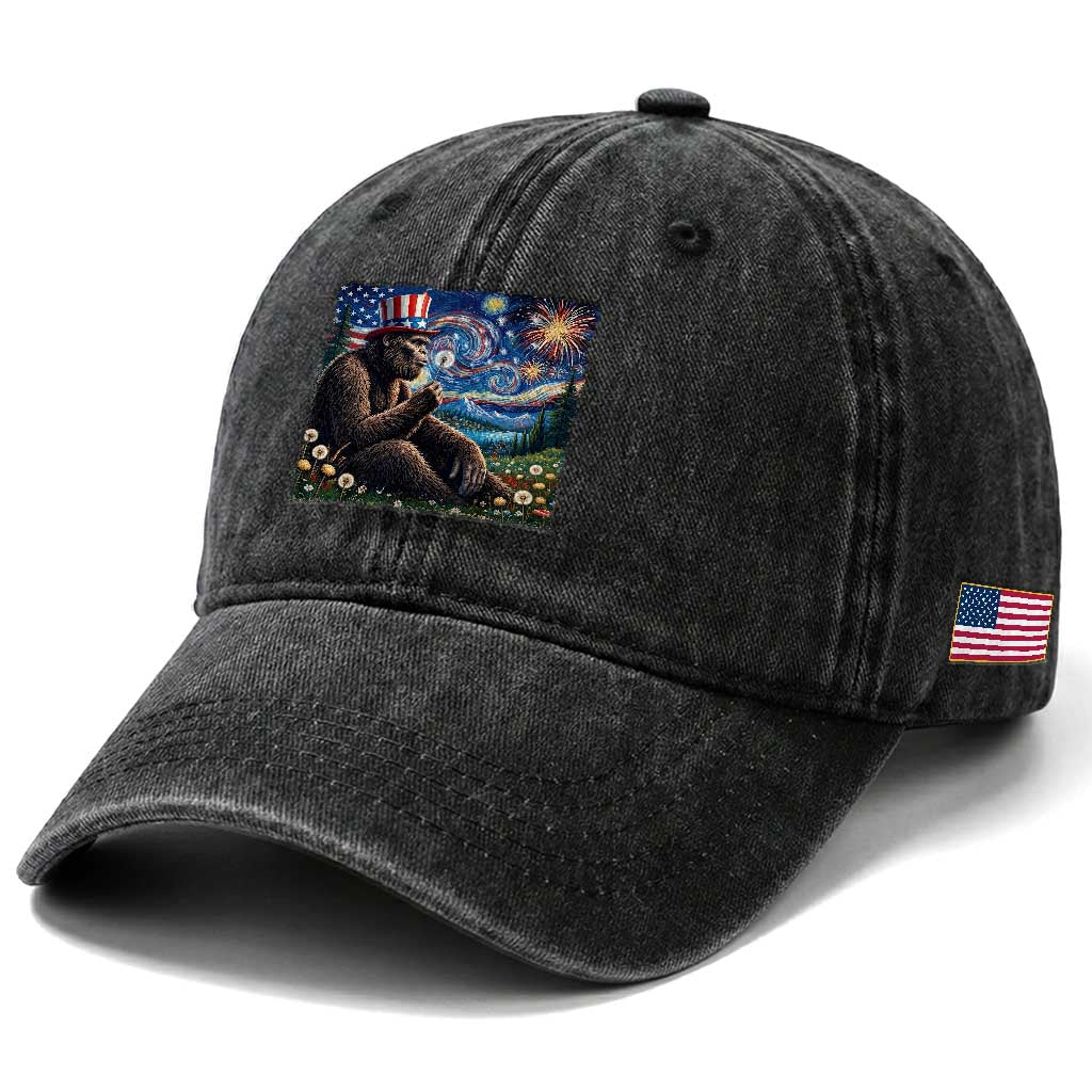 Bigfoot Blowing Dandelion Washed Cotton Baseball Cap Sasquatch Van Gogh Starry Night 4th of July