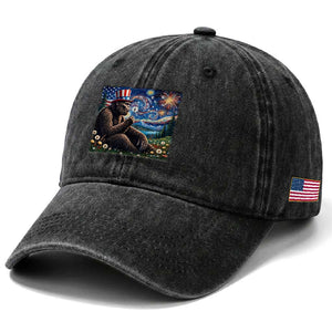 Bigfoot Blowing Dandelion Washed Cotton Baseball Cap Sasquatch Van Gogh Starry Night 4th of July