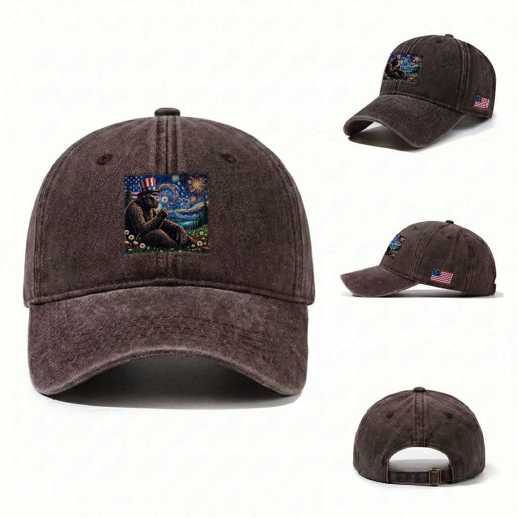 Bigfoot Blowing Dandelion Washed Cotton Baseball Cap Sasquatch Van Gogh Starry Night 4th of July