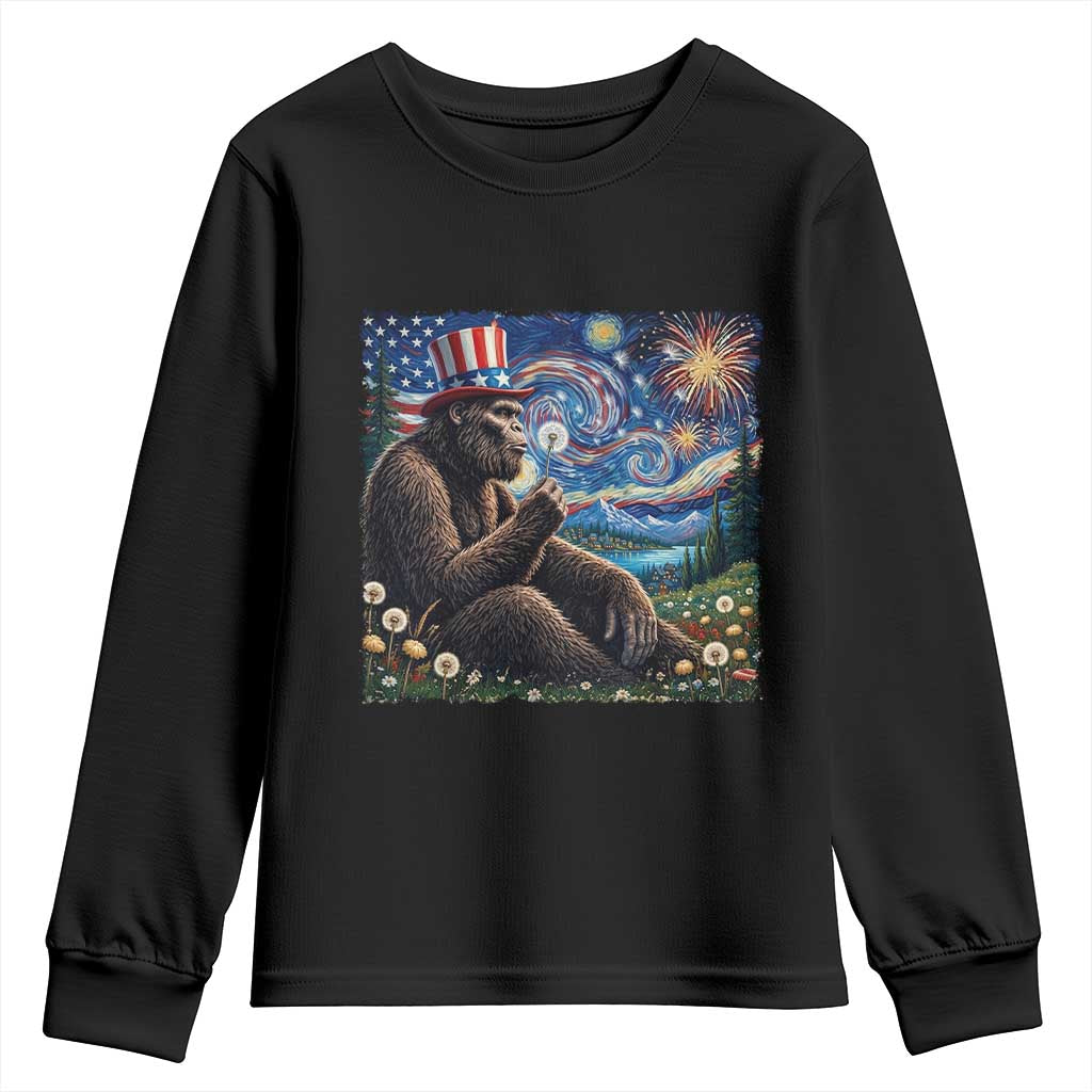 Bigfoot Blowing Dandelion Youth Sweatshirt Sasquatch Van Gogh Starry Night 4th of July TS14 Black Print Your Wear