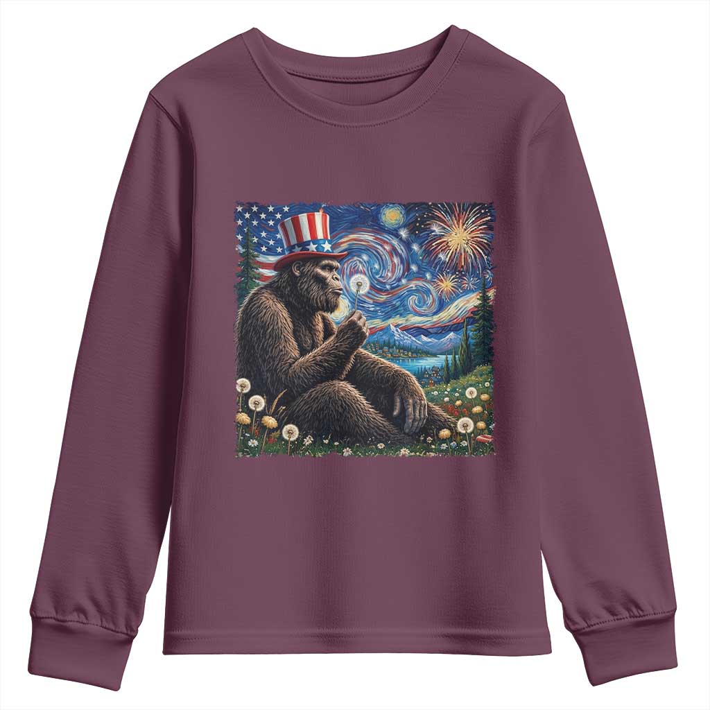 Bigfoot Blowing Dandelion Youth Sweatshirt Sasquatch Van Gogh Starry Night 4th of July TS14 Maroon Print Your Wear