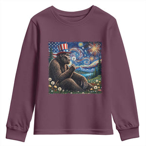 Bigfoot Blowing Dandelion Youth Sweatshirt Sasquatch Van Gogh Starry Night 4th of July TS14 Maroon Print Your Wear