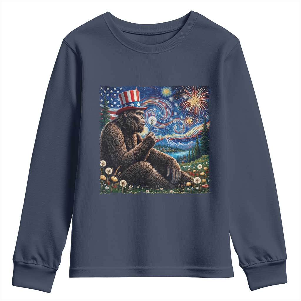Bigfoot Blowing Dandelion Youth Sweatshirt Sasquatch Van Gogh Starry Night 4th of July TS14 Navy Print Your Wear