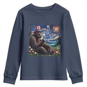 Bigfoot Blowing Dandelion Youth Sweatshirt Sasquatch Van Gogh Starry Night 4th of July TS14 Navy Print Your Wear