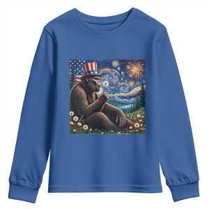 Bigfoot Blowing Dandelion Youth Sweatshirt Sasquatch Van Gogh Starry Night 4th of July TS14 Royal Blue Print Your Wear
