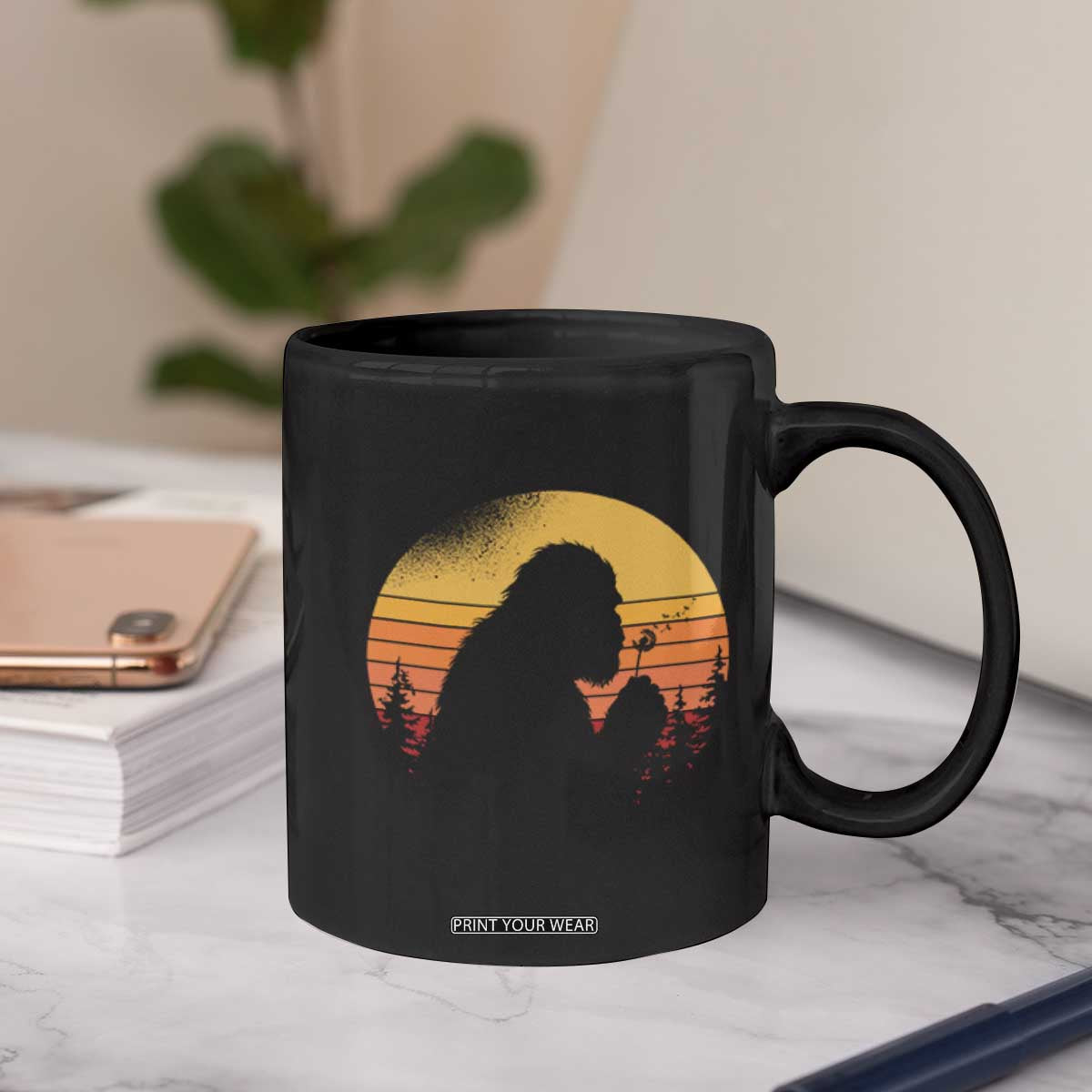 Bigfoot Blowing Dandelion Coffee Mug Retro Sunset Forest TS14 Print Your Wear