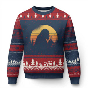 Bigfoot Blowing Dandelion Ugly Christmas Sweater Retro Sunset Forest TS14 Navy Red Print Your Wear
