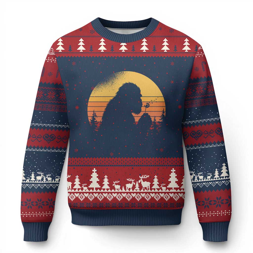Bigfoot Blowing Dandelion Ugly Christmas Sweater Retro Sunset Forest TS14 Navy Red Print Your Wear