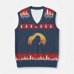 Bigfoot Blowing Dandelion V-Neck Knit Sweater Vest Retro Sunset Forest TS14 Navy Red Print Your Wear