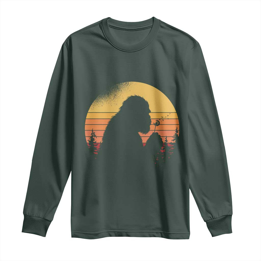 Bigfoot Blowing Dandelion Long Sleeve Shirt Retro Sunset Forest TS14 Dark Forest Green Print Your Wear