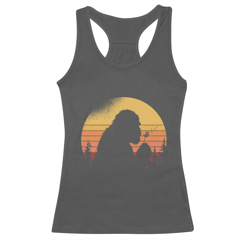 Bigfoot Blowing Dandelion Racerback Tank Top Retro Sunset Forest TS14 Dark Heather Print Your Wear