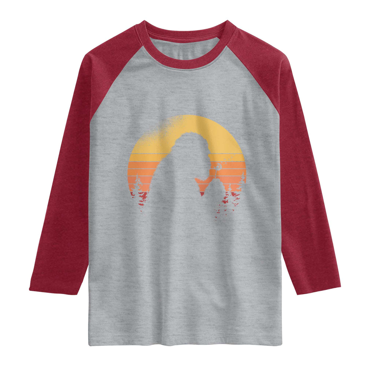 Bigfoot Blowing Dandelion Raglan Shirt Retro Sunset Forest TS14 Heather Gray Heather Red Print Your Wear