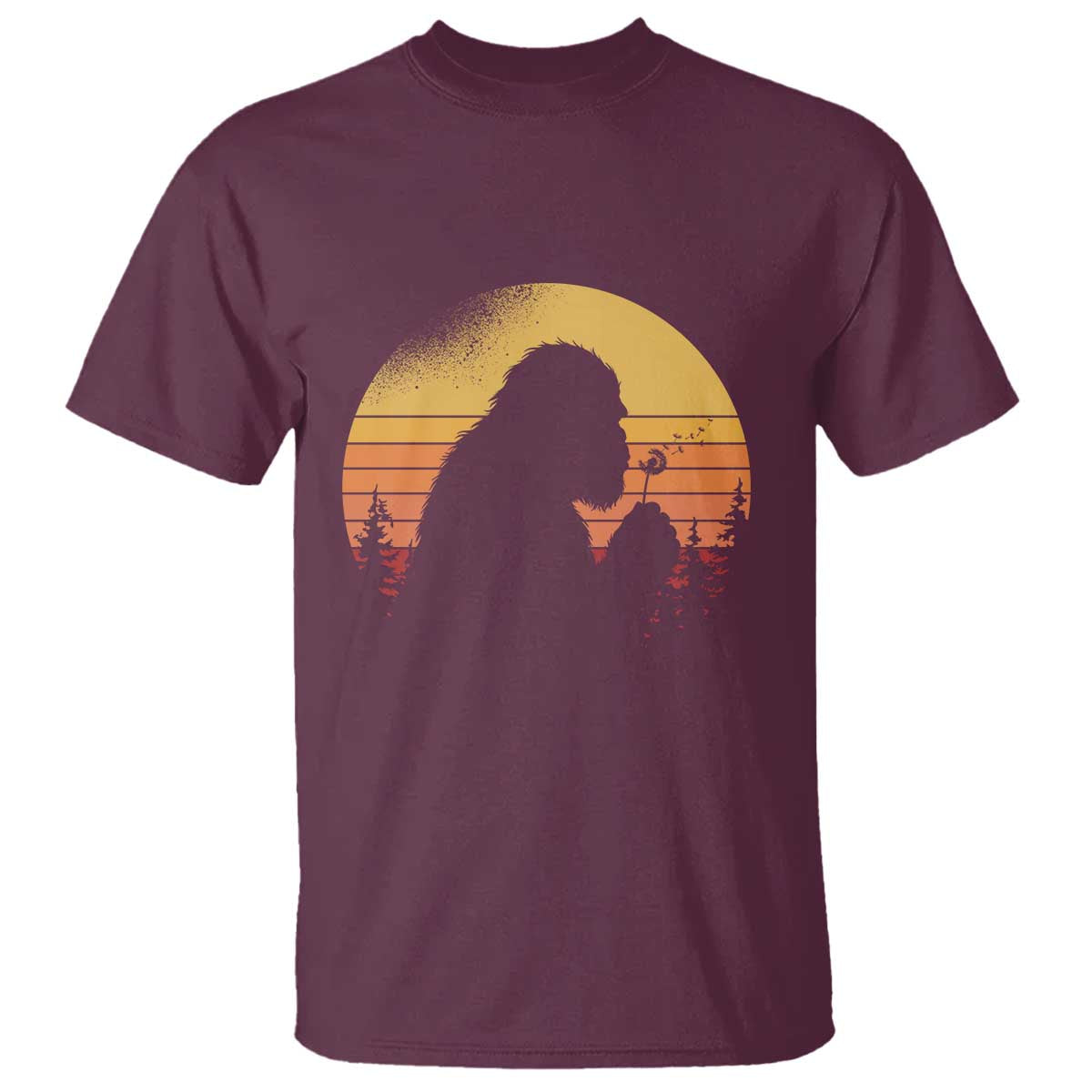 Bigfoot Blowing Dandelion T Shirt Retro Sunset Forest TS14 Maroon Print Your Wear