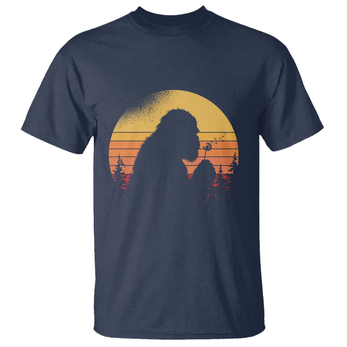 Bigfoot Blowing Dandelion T Shirt Retro Sunset Forest TS14 Navy Print Your Wear