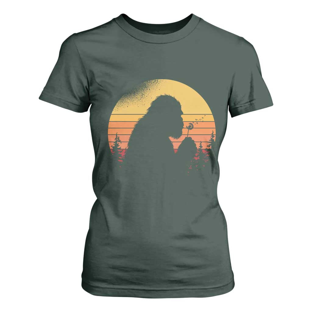 Bigfoot Blowing Dandelion T Shirt For Women Retro Sunset Forest TS14 Dark Forest Green Print Your Wear