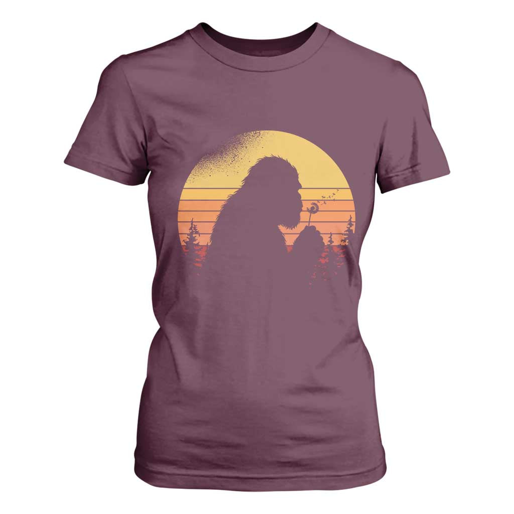 Bigfoot Blowing Dandelion T Shirt For Women Retro Sunset Forest TS14 Maroon Print Your Wear