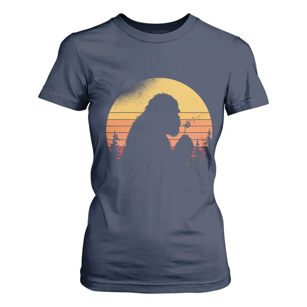 Bigfoot Blowing Dandelion T Shirt For Women Retro Sunset Forest TS14 Navy Print Your Wear